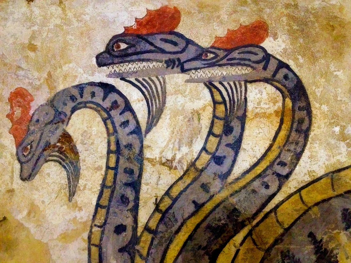Three-headed dragon of the underworld, from the Etruscan Tomb of the Infernal Chariot in Sarteano. The colours on this are stunning.