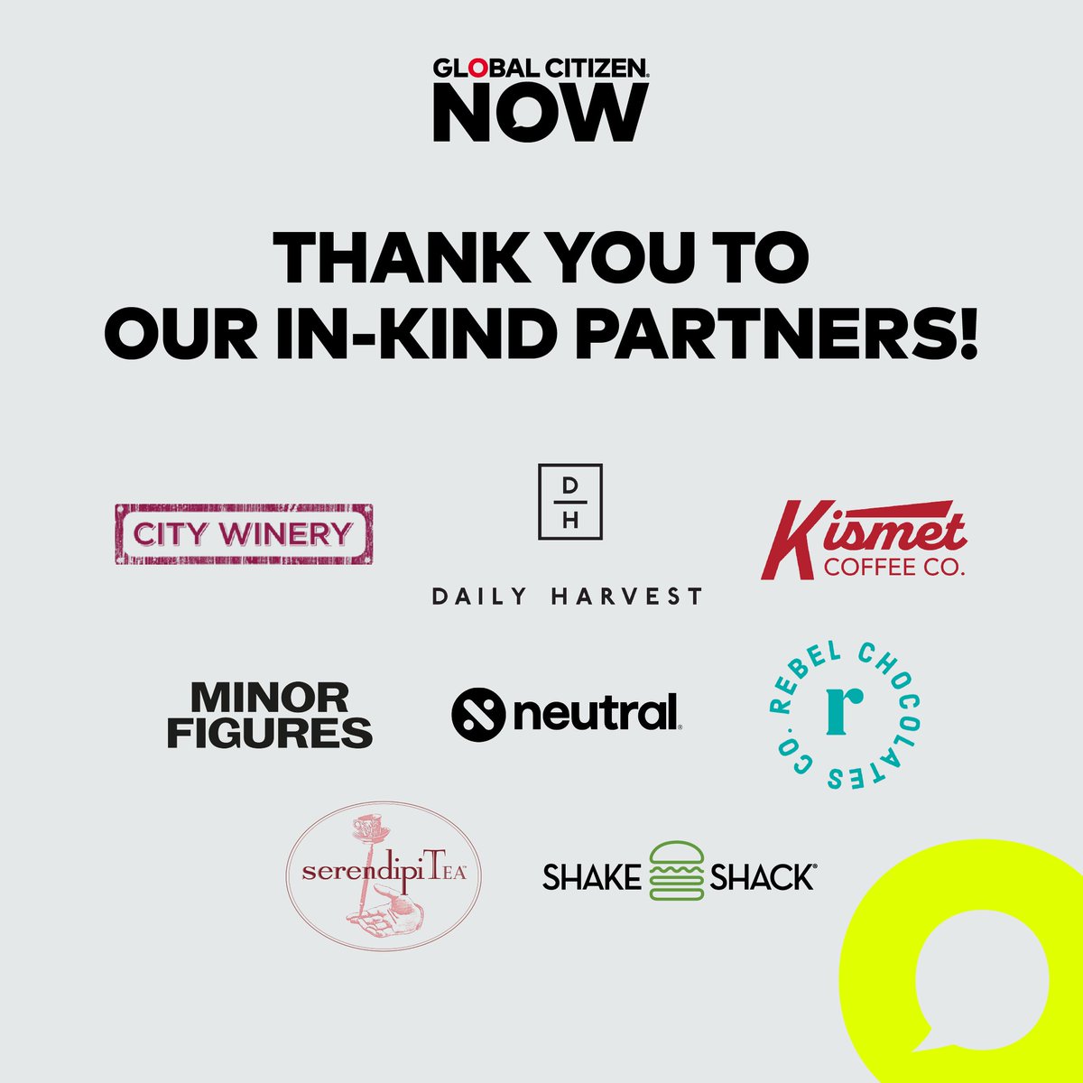 Thank you to our wonderful in-kind partners at #GlobalCitizenNOW for bringing the tasty goodies!