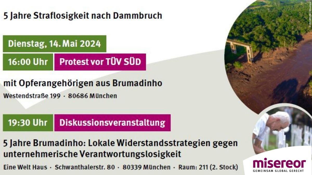 📣Gerechtigkeit für #Brumadinho:
Demonstration &amp; Diskussion in #München.
📍Dienstag, 14. Mai 2024:
🎯16 Uhr Protest vor @tuevsued 
💬19: 30 Uhr Podiumsdiskussion (1/3)👇 misereor.de/mitmachen/vera…
