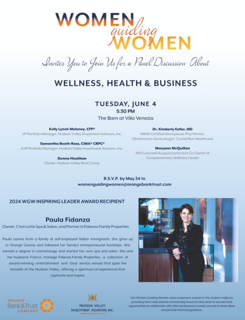 Join us! Women Guiding Women event on 6/4 at The Barn at Villa Venezia. Featuring a panel discussion about Wellness, Health & Business & honoring 2024 WGW Inspiring Leader Award recipient, Paula Fidanza.

RSVP by May 24.

#WomenGuidingWomen #HealthandWellness #WomenInBusiness