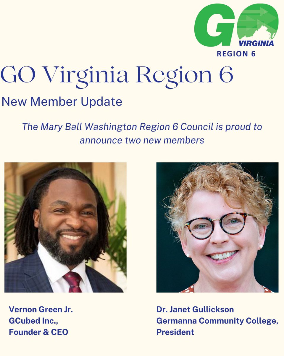 On April 22nd, the GO Virginia Region 6 Council voted to elect two new members. Congratulations to Vernon Green Jr., Founder & CEO of @G_CubedINC, and Dr. Janet Gullickson, President of @germannacc. We look forward to their new perspectives on economic development in Region 6!