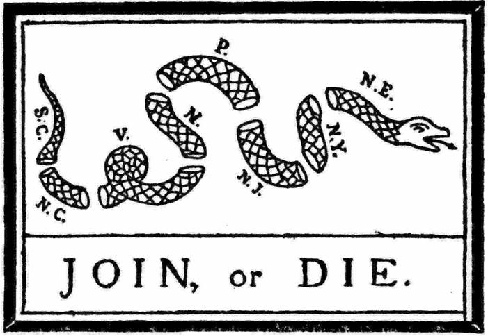 9 May 1754 1st newspaper cartoon in America, a divided snake, 'Join or die,' appeared in The Pennsylvania Gazette. Cut and printed by Benjamin Franklin. The image was created to rally the colonies for the war with the French &Indians but revived during the #RevWar #History #AmRev