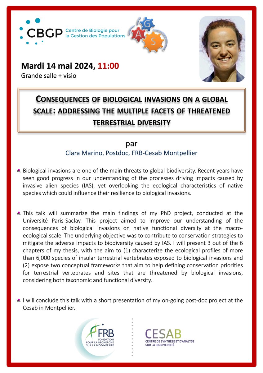 📢 Next CBGP seminar! Tue 14th 11AM [FR time]

'Consequences of #biological_invasions on a global scale: addressing the multiple facets of threatened terrestrial diversity'  

by Clara Marino (@cl_marino) @FRBiodiv #CESAB

Zoom: tinyurl.com/4ph53k94
Pwd: CM@cbgp!14
