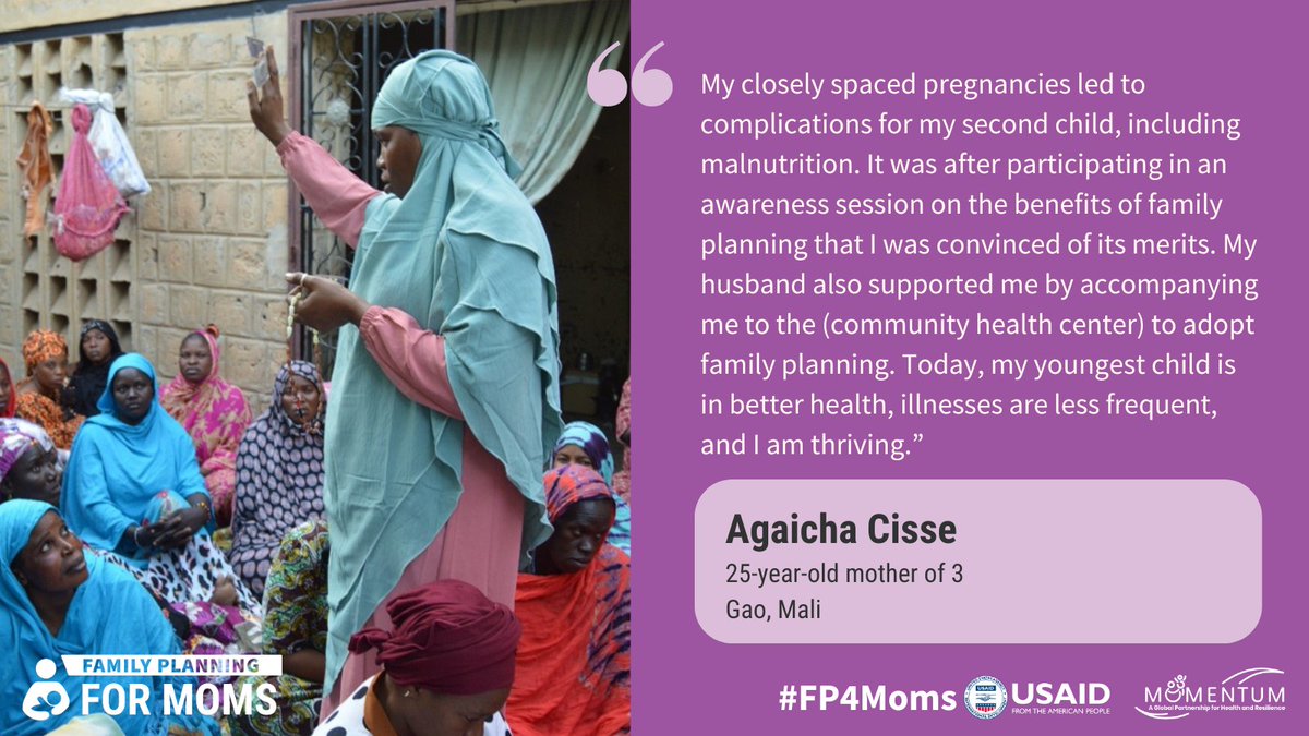 Closely spaced pregnancies can jeopardize a mother’s health and her ability to care for her family. Dive into this blog about community dialogues on #FamilyPlanning in northern Mali, which are helping families advocate for better access to contraception: usaidmomentum.org/breaking-the-s…