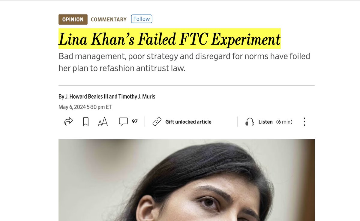 Today in the @WSJ: 

Howard Beales and Tim Muris explain how bad management, poor strategy and disregard for norms have foiled @linakhanFTC's plan to refashion antitrust law, citing research from their newly released CEI study.

WSJ: Lina Khan’s Failed FTC Experiment 
👉…