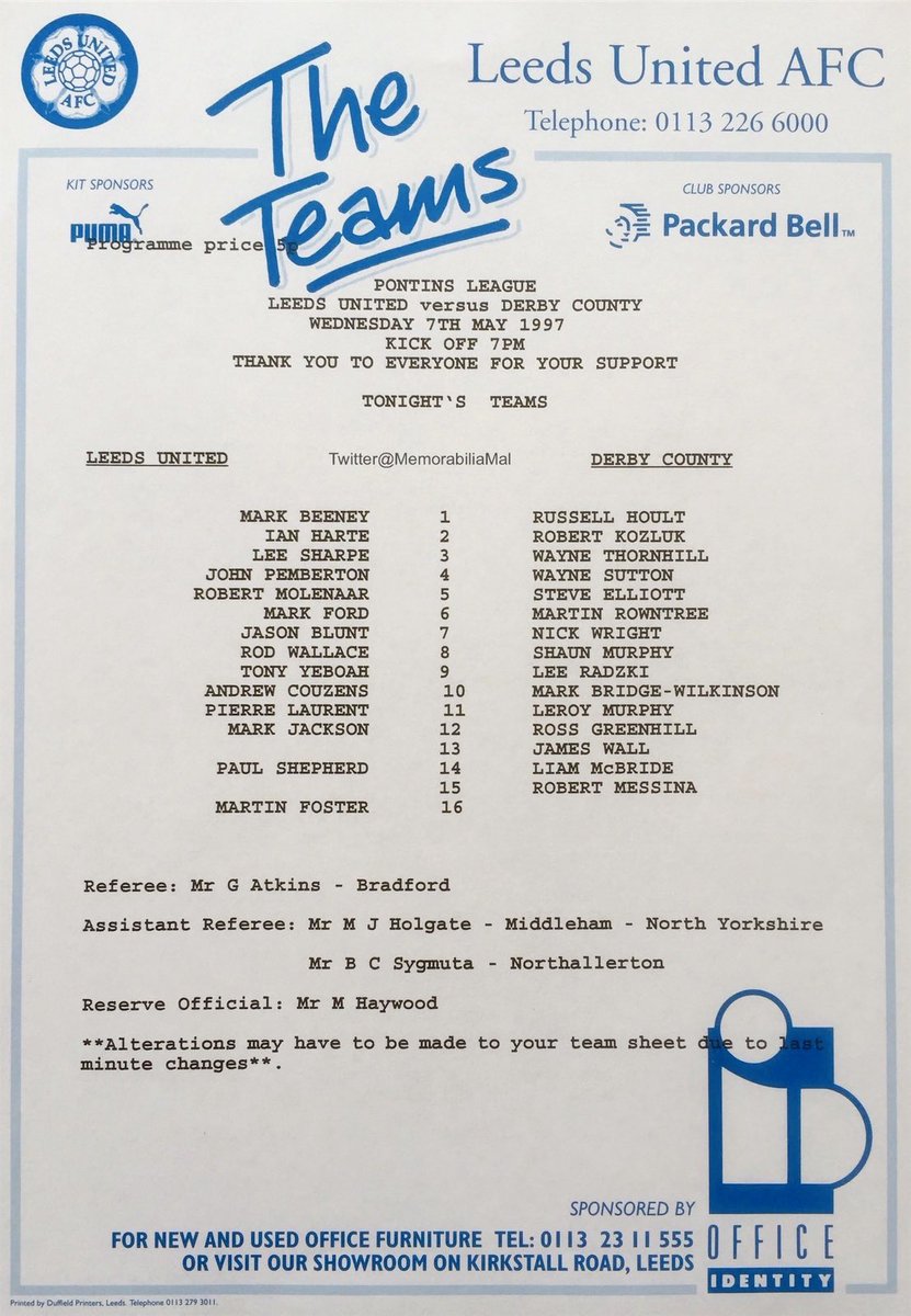 Leeds United vs Derby County Pontins League OTD 7/5/97 3-0 to Leeds with goals from Pierre Laurent, Tony Yeboah & Rod Wallace. Leeds and Derby finished the season 5th & 6th respectively. #LUFC #DCFC