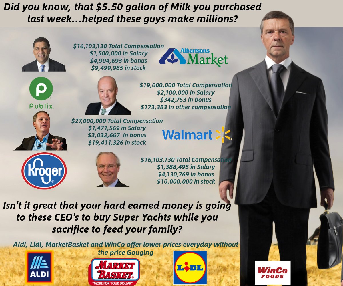 Did you know…. that $5.50 gallon of Milk you purchased last week...helped these CEOs make millions? Isn't it a great feeling to know while you are shopping @Walmart @Kroger @Publix and @Albertson…. your hard earned money is going to these CEO's to buy Super Yachts….While…