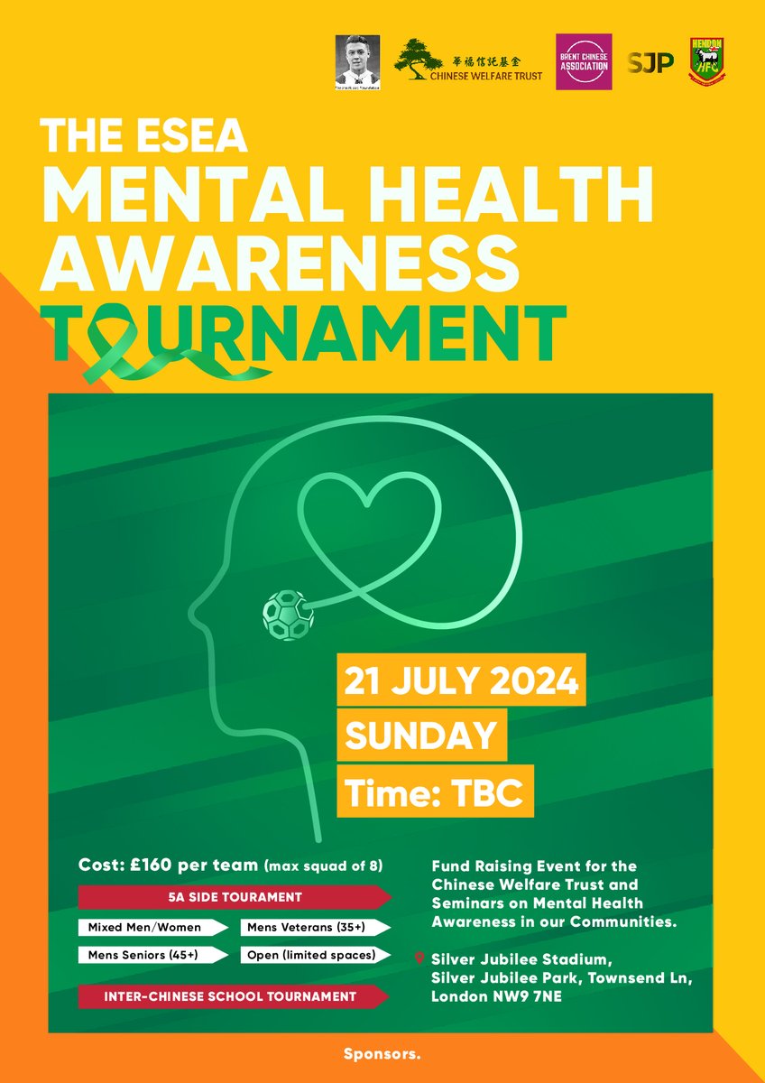 The ESEA Mental Health Awareness Tournament 2024 Date: 21/7/24 Venue: @JubileeSilver Snrs (45+) Vets (35+) Open Mixed 5 a side Tournaments Aimed at the East & South East Asian Communities with mental health awareness talks. Join here: forms.gle/GLns9WpUWF45ME…