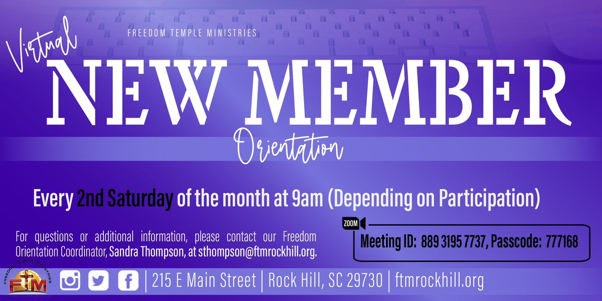 New Member Orientation will be Saturday, May 11th at 9am. Contact Sandra Thompson at sthompson@ftmrockhill.org no later than Thursday, May 9th if you plan to participate. #ftmrockhill
