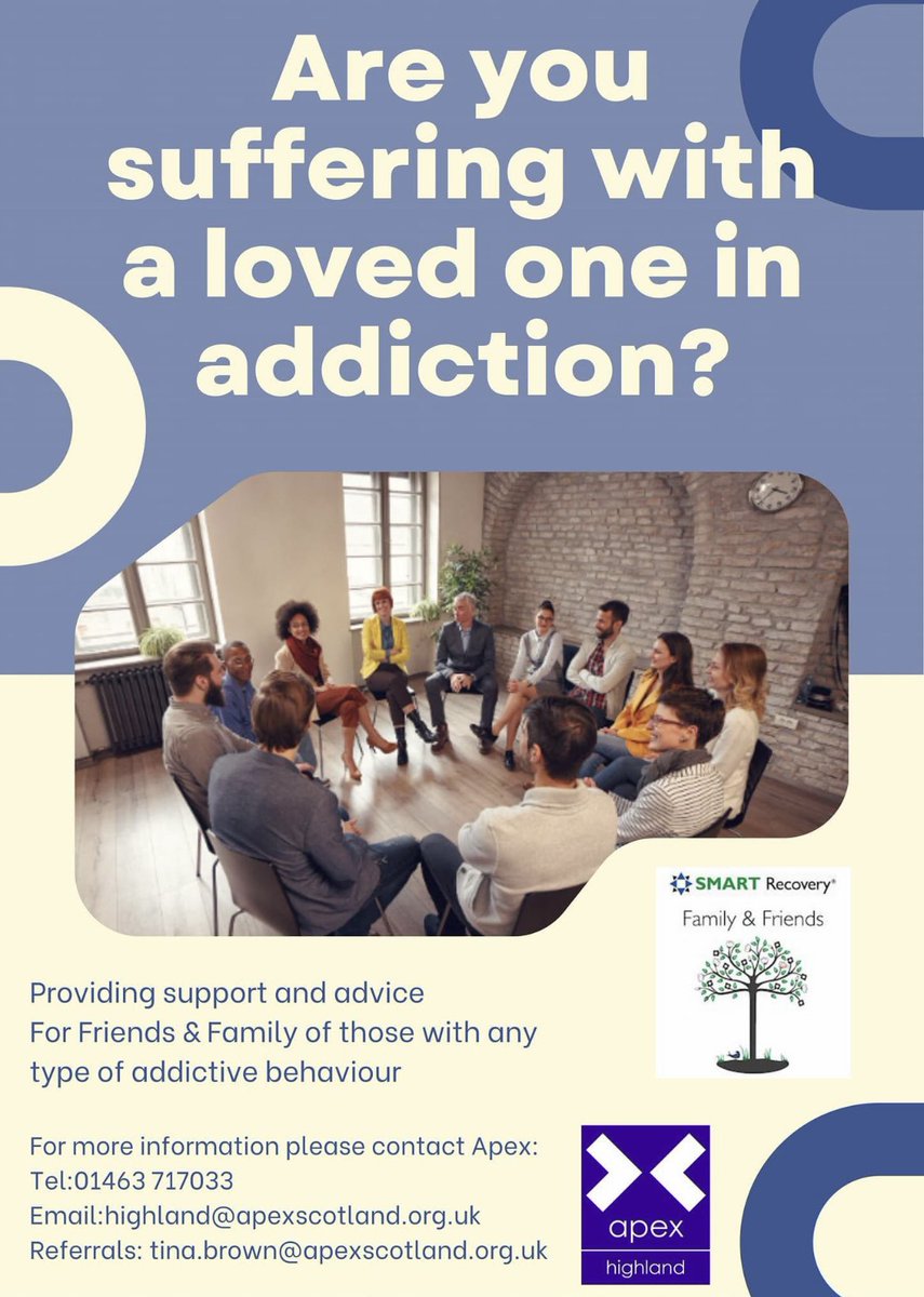 We are going to be running a #SmartFamilyandFriends group starting Tuesday 14th May from 5.30pm-7.00pm at our Inverness Hub on Lotland Street. Please get in touch for more details. #smartrecovery #apexhighland #mentalhealth #apexscotland @NHSHighland @Mikeysline1 @HighlandTSI