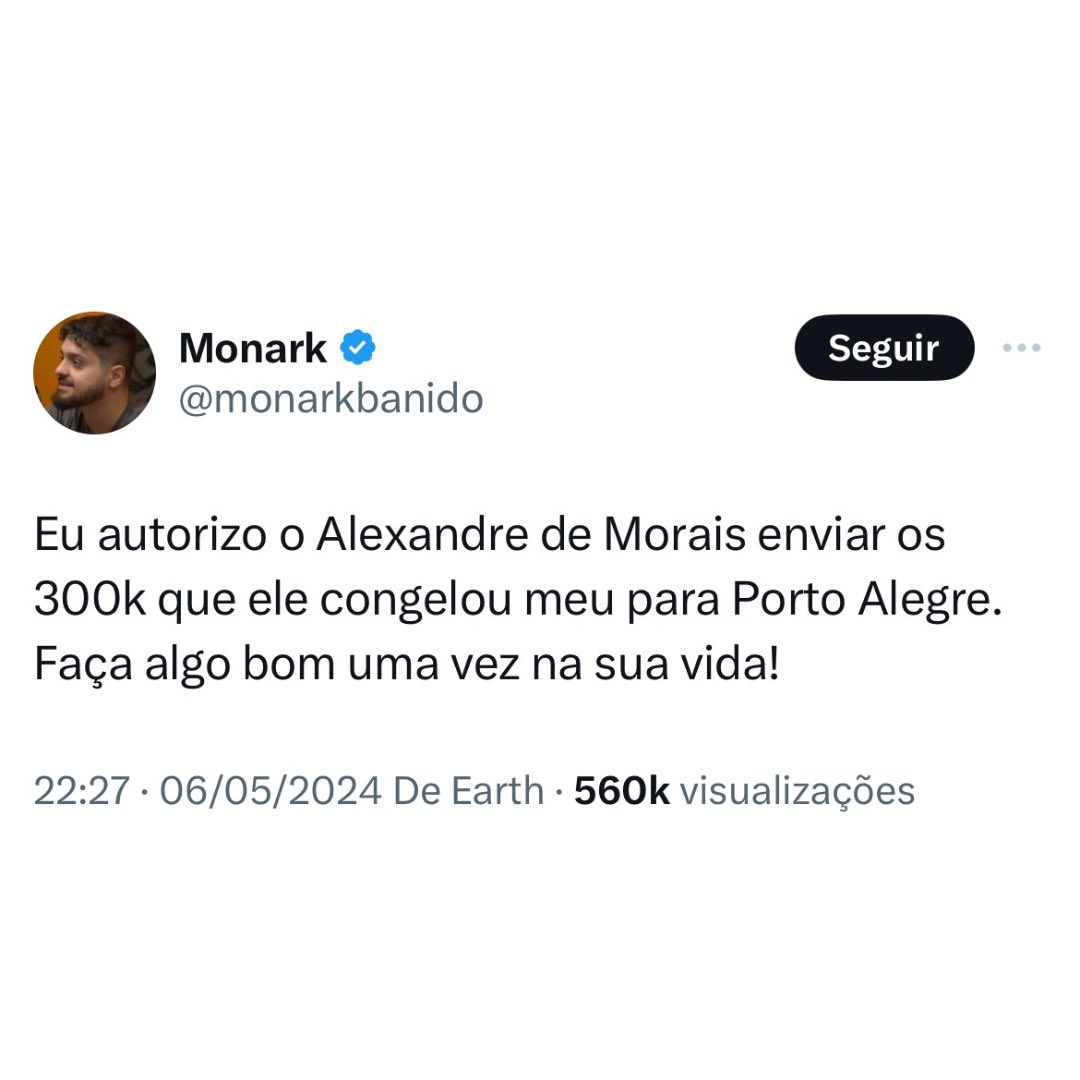 🚨🔥VEJA: Monark desafia Alexandre de Moraes! “Eu autorizo o Alexandre de Morais enviar os 300k que ele congelou meu para Porto Alegre. Faça algo bom uma vez na sua vida!”. 💪👏