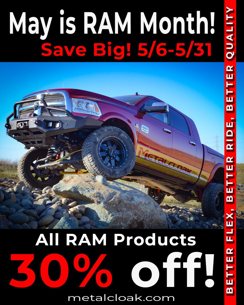 May is all about RAM here at Metalcloak, so we are offering up some sweet deals on all of our RAM related suspension products.  Full Suspension Kits, Coils, Control Arms, Leveling kits, you name it, all 30% off for the Month of May!  
Learn more: vist.ly/364qa
