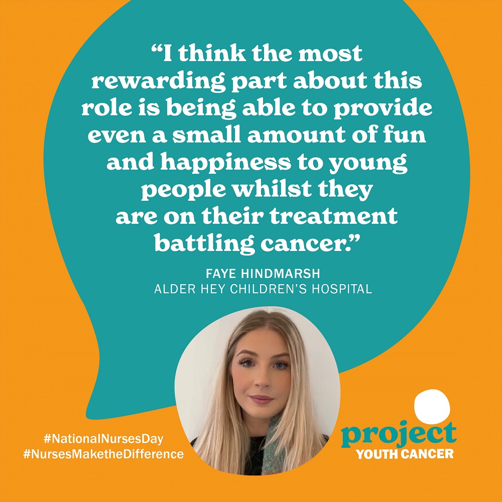 Today we highlight Faye Hindmarsh, a Teenage Cancer Trust Youth Support Coordinator at Alder Hey Children’s Hospital in Liverpool, as we continue to highlight nurses and healthcare professionals in our countdown to #NationalNursesDay on the 12th May. #NursesMaketheDifference
