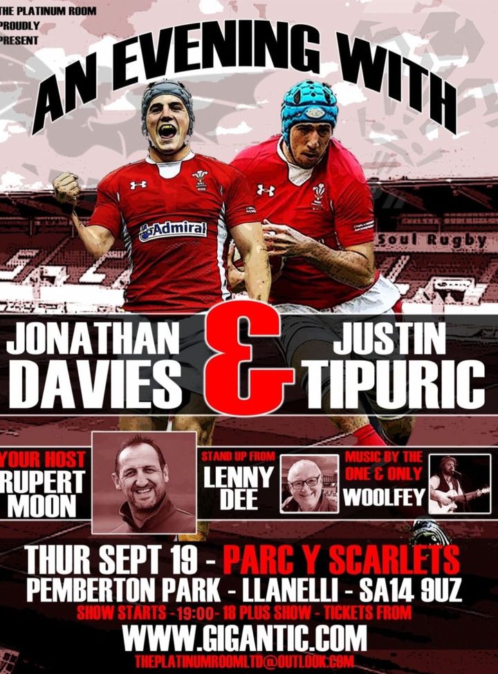 🏟️ An evening with Wales & Lions legends Jonathan Davies & Justin Tipuric on Sept 19. Hosted by Wales and Scarlets legend @RupertMoon with entertainment from @lennydeecomedy and Woolfey. You're guaranteed a night of fun, laughs & rugby tales! Tickets 👉 bit.ly/4dFxHRE