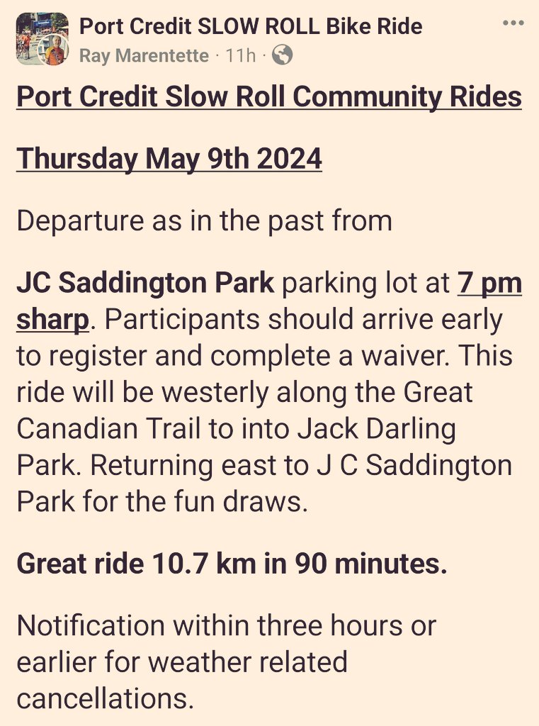 PORT CREDIT SLOW ROLL: Thurs May 9 @ 6:30pm 📄 ⚙️🔧for 7pm (depart)📍JC Saddington Park in #PortCredit 🔄~10.7km 🦺🚴🏾🚴‍♀️🚴🏽‍♂️ West to Clarkson. Use bike lights 🌅🔦 Ride & prize draw details 🔗: facebook.com/share/p/Hy5u8W… 🆓️ All Welcome! 📧 pcslowroll@gmail.com | #bikeMississauga 🚲