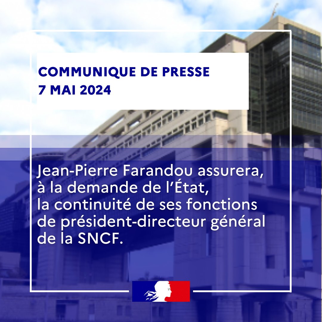 🔴Jean-Pierre Farandou assurera, à la demande de l’État, la continuité de ses fonctions de président-directeur général de la SNCF. Plus d'infos 👉presse.economie.gouv.fr/sncf/