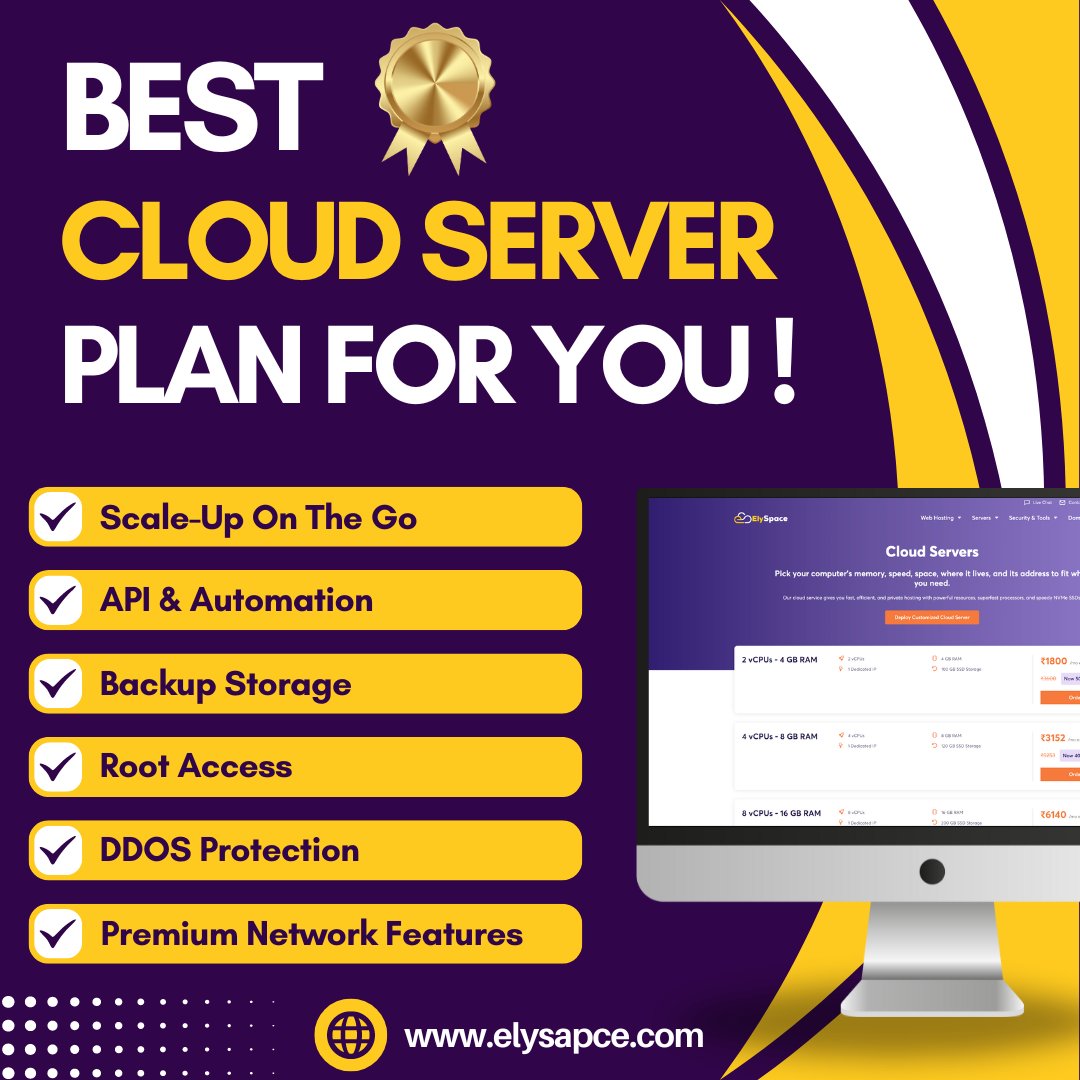 Perfect and Best Cloud Server Plan for Your Needs! 

1. Scale-Up On The Go
2. API & Automation
3. Backup Storage
4. Root Access
5. DDOS Protection
6. Premium Network Features.
#CloudServer
#HostingPlans
#WebHosting
#CloudComputing
#ServerHosting
#OnlineBusiness
#elyspacehosting