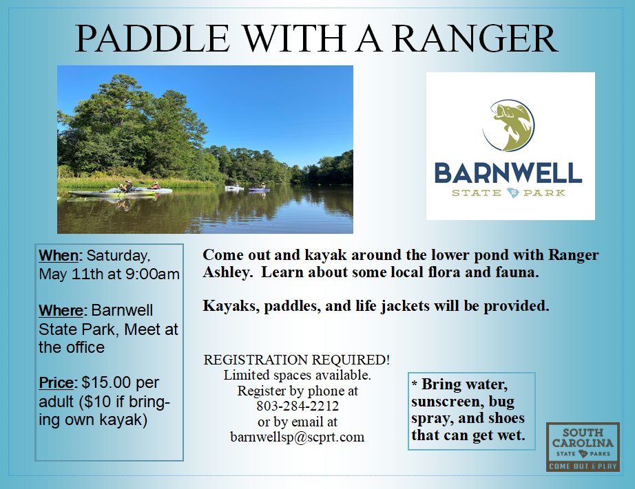 Ranger Ashley is offering a 🛶 Paddle with a Ranger Program, this Saturday, May 11, at 9 a.m. Space is limited. Sign up by calling 803-284-2212 or email at barnwellsp@scprt.com. Details below! 🔗 brnw.ch/21wJxoD