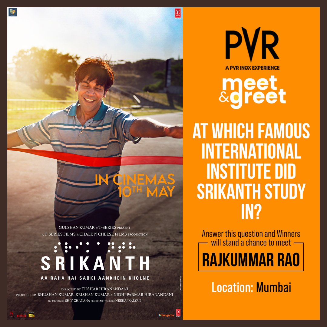 Prepare yourself for a thrilling journey through Srikanth's uplifting story, full of emotional twists and turns! Answer a simple question and stand a chance to meet Rajkumar Rao in Mumbai. Steps: 1: Share your answer along with the city you’re from in the comments 2: Tag PVR…