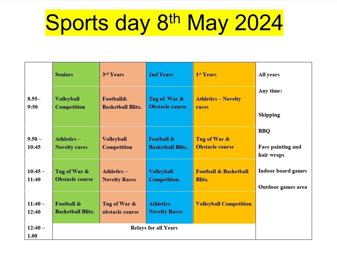 *** SPORTS DAY! *** Tomorrow, we have our annual Sports Day! It is one of the most enjoyable days on the school calendar, & we are so excited for it! 🤩 We have a jam-packed day of activities planned, check out the timetable & take note of what your preferred activities are!🤩