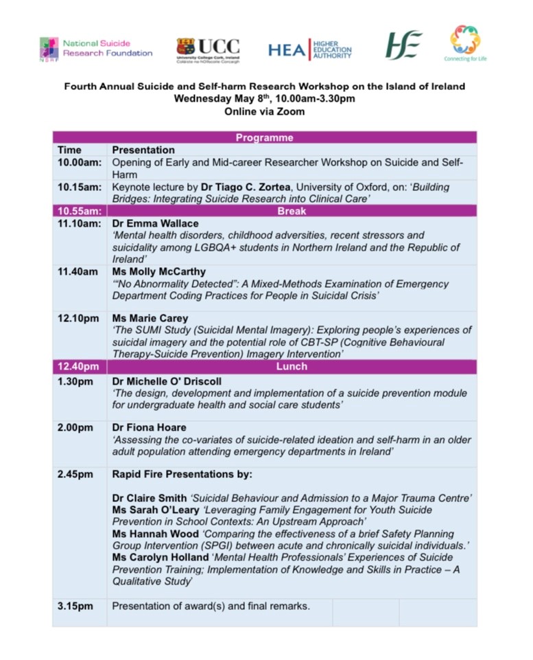 We are pleased to share the final programme for tomorrows 4th Annual Suicide & Self-Harm Research Workshop! ▶️Keynote lecture by @zortea_tiago ▶️Early & mid career researcher presentations Still time to register: forms.office.com/e/iQznk2zWFY #ConnectingforLife #SuicidePrevention