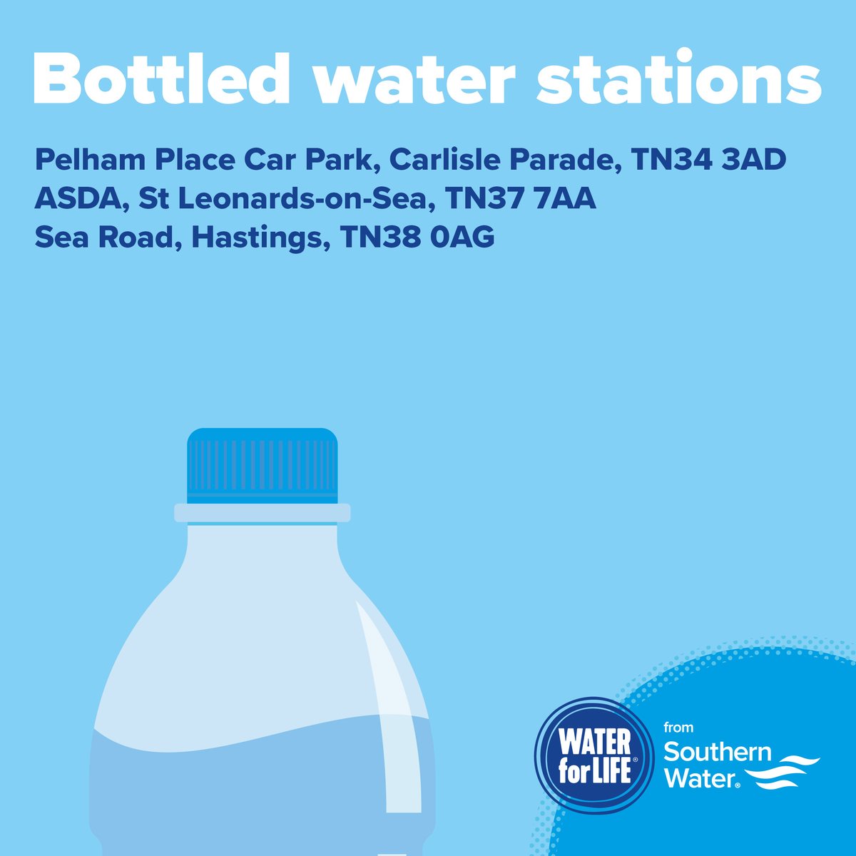 Update: We have now moved the station at Tesco, Church Wood Drive to Pelham Place Car Park, Carlisle Parade, TN34 3AD. Please do not travel to the Tesco location. An updated list of bottled water stations and their opening times can be found here: ow.ly/AtmK50RynrH