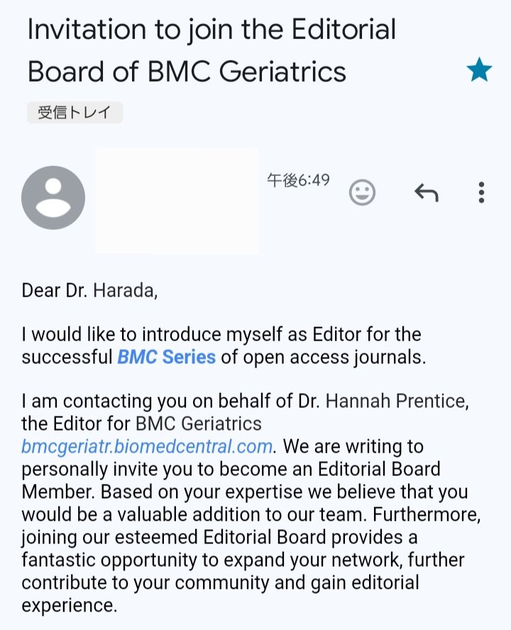 有難いことにBMC GeriatricsよりEditorial  board memberの招待を頂きました。BMC GeriatricsはIF4.9の老年医学領域の良質な国際誌です。
最新の論文に触れる機会が増えることはとても有難く嬉しいです。
Thanks to BMC Geriatrics!!
bmcgeriatr.biomedcentral.com