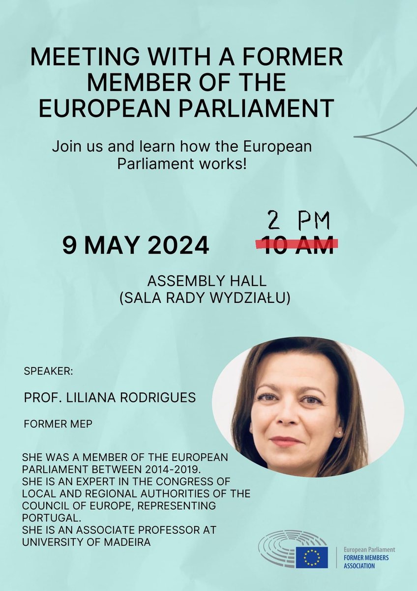 Już 9 maja o godzinie 14:00 zapraszamy na spotkanie z byłą deputowaną do Parlamentu Europejskiego prof. Lilianą Rodrigues, która opowie o tym jak działa działa ta instytucja.