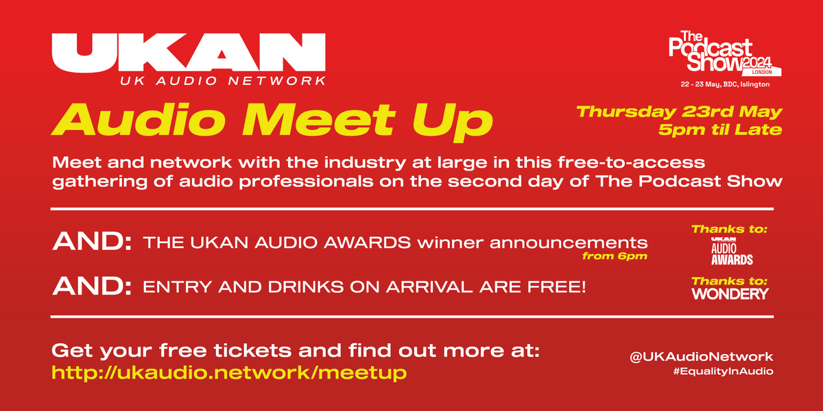 We are holding our next industry meet-up on day two of @PodcastShowLDN at @bubbaoasis (two doors down from the BDC). Expect: - Welcome drinks courtesy of @WonderyMedia - The second half of the @AudioAwards - Open networking with the wider industry ukaudio.network/meetup