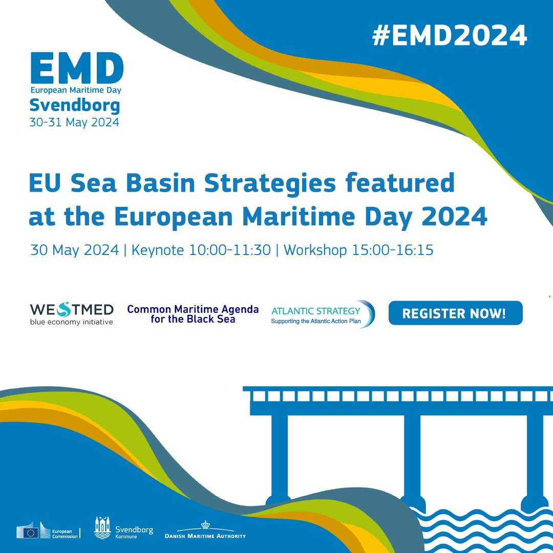 #EuropeanMaritimeDay2024 will spotlight the role of the Sea Basins Strategies in Svendborg! Make sure you register before May 15th! 👉🏻shorturl.at/wCS67