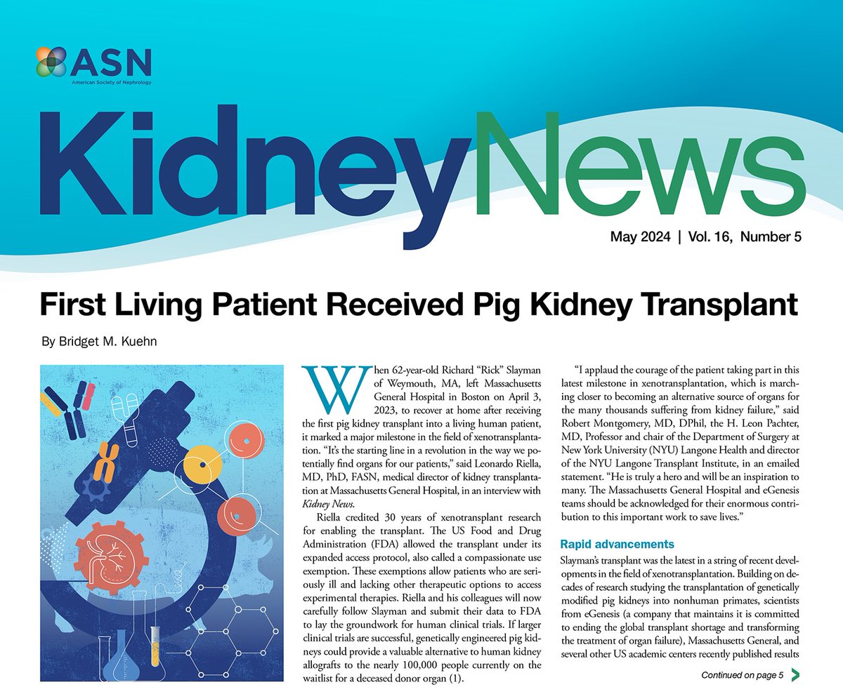 The May issue of Kidney News is now available online! Explore the special section on mental health, plus articles on the first living patient who received pig kidney transplant, new KDIGO CKD guidelines, updates in onconephrology, and more bit.ly/3WtqzBy