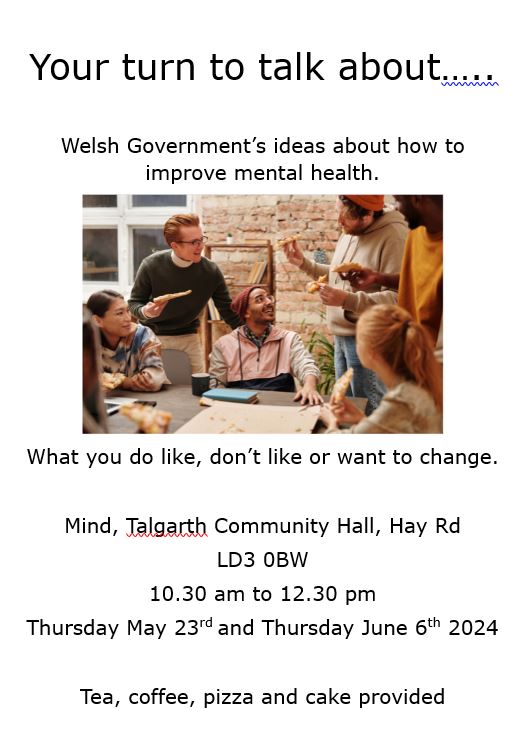 Would you like to have your say about the new mental health strategy & services in Wales? @BreconMind and @MH_LD_PTHB are holding discussion workshops in Brecon & Talgarth in late May / early June. Pizza, cake & a cuppa included! #MentalHealthMatters #Powys #MidWales