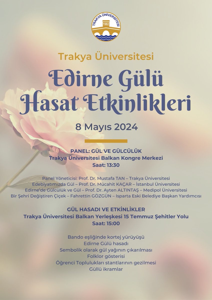 🌹Davetlisiniz

📌 'Trakya Üniversitesi Edirne Gülü Hasat Etkinlikleri'
🗓️ 8 Mayıs 2024
⏰ 13.30
📍 Trakya Üniversitesi Balkan Kongre Merkezi 

#trakyaüniversitesi #edirnegülü