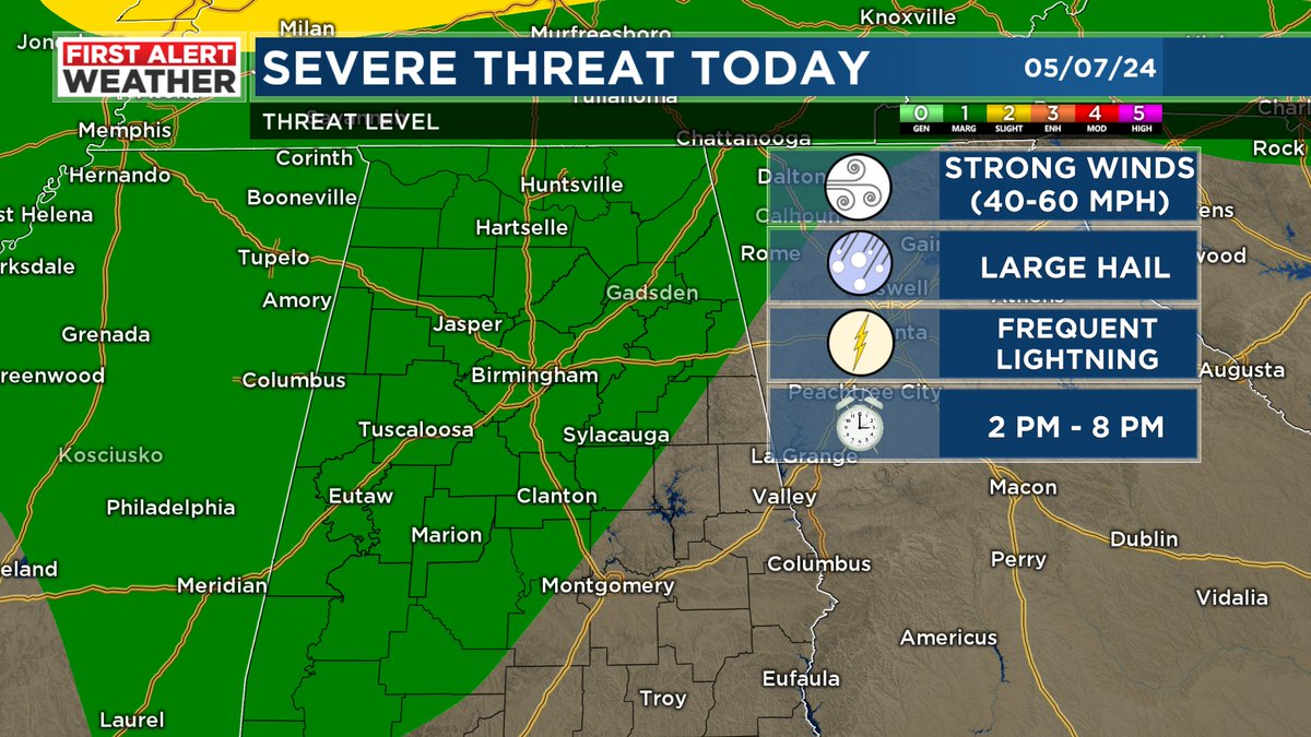 Tuesday (5/7/24) Forecast: We will end up partly sunny today with highs in the mid to upper 80s. We will hold on to a 40% chance for scattered storms this afternoon. A strong/severe storm can't be ruled out between 2 PM - 8 PM. shorturl.at/aiyDK #alwx @WBRCnews