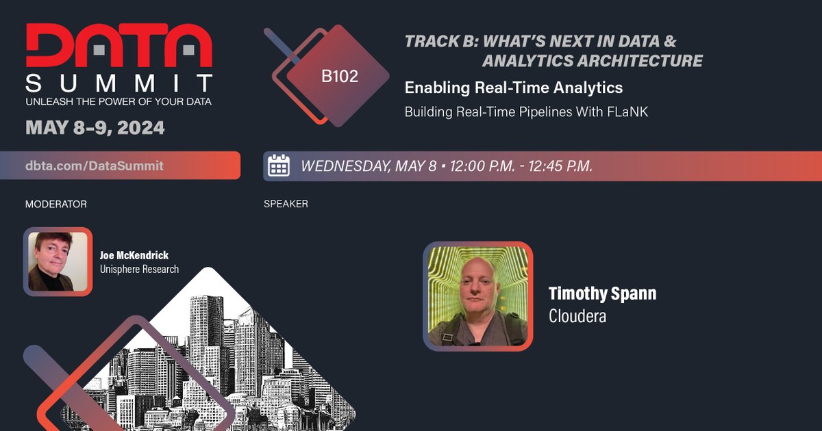 B102: Enabling Real-Time Analytics Wednesday, May 08 2024 12:00 p.m. - 12:45 p.m. Building Real-Time Pipelines With FLaNK #DBTA #DataSummit #DataSummit2024 #Boston #ApacheNiFi #ApacheKafka #ApacheFlink #FLaNKAIM dbta.com/DataSummit/202…