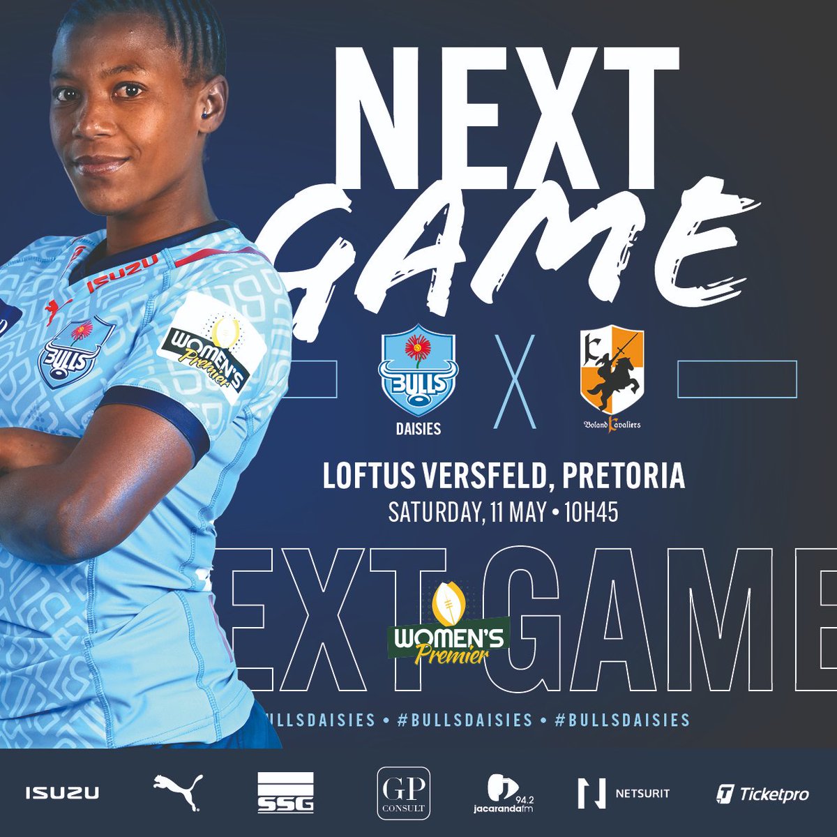 A top of the table clash, 𝙉𝙀𝙓𝙏 𝙐𝙋 in the Women's Premier Division.   

🏉#BullsDaisies vs Sanlam Boland 
🗓️Saturday 11 May 2024 
🏟️Loftus Versfeld Stadium

#BackTheBulls | #WomensRugby