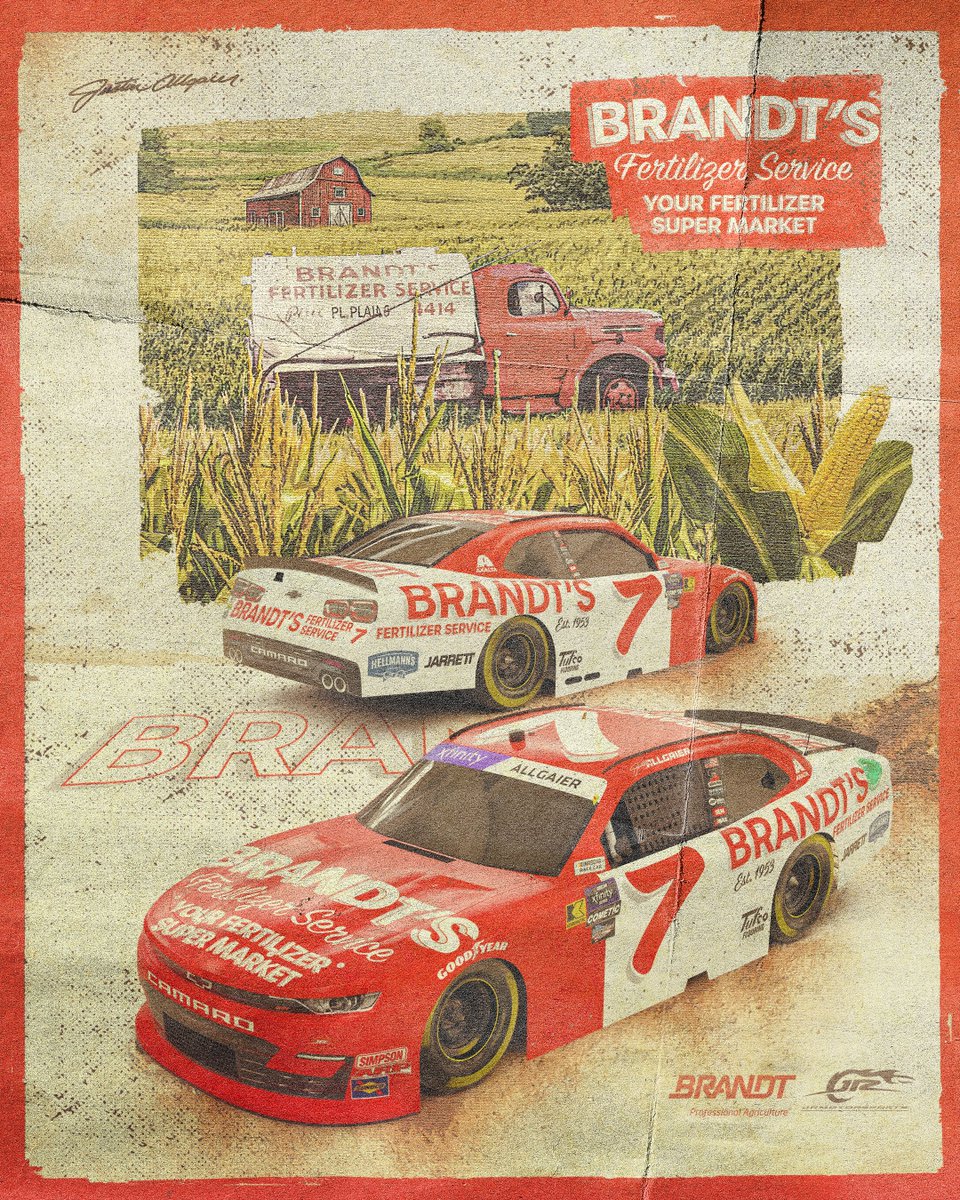 It's all about @BRANDT_co heritage with this one. @J_Allgaier will bring a special No. 7 BRANDT Chevrolet to Darlington, resembling one of the first trucks that BRANDT utilized during the early days of the company. The original fertilizer truck, a 1949 REO, was even painted by