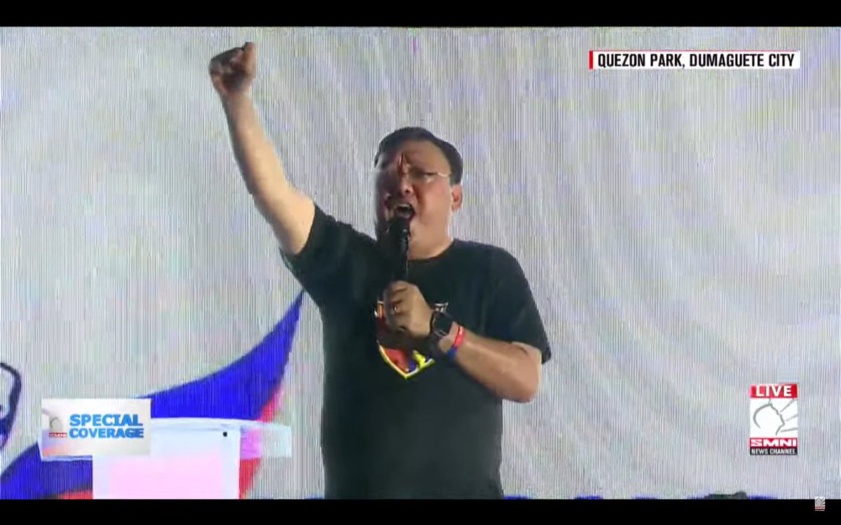 Former human rights lawyer and current noted Humpty Dumpty impersonator, Harry Roque shouts, 'Mabuhay ang tunay na presidente ng Pilipinas, si Sara Duterte' in a park in Dumaguete City then proceeds to warn people of a coming second Marcos dictatorship, an upcoming war with China…