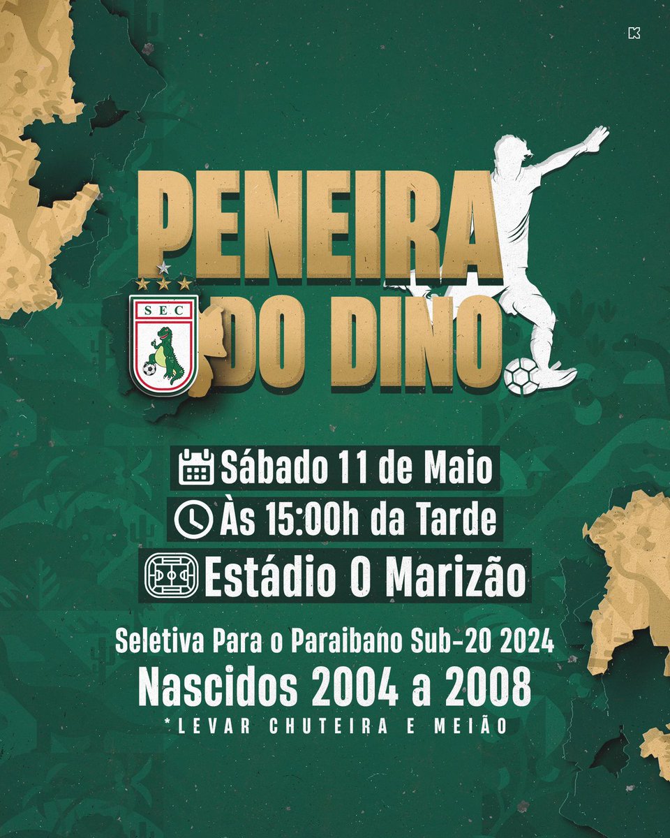Nesse Sábado (11/05), às 15h o Sousa Esporte Clube, realizará a Peneira do Dino, no Estádio O Marizão, a mesma será uma seletiva para o Paraibano Sub-20 2024.

Quem pode participar? 🤔
Garotos nascidos de 2004 a 2008.