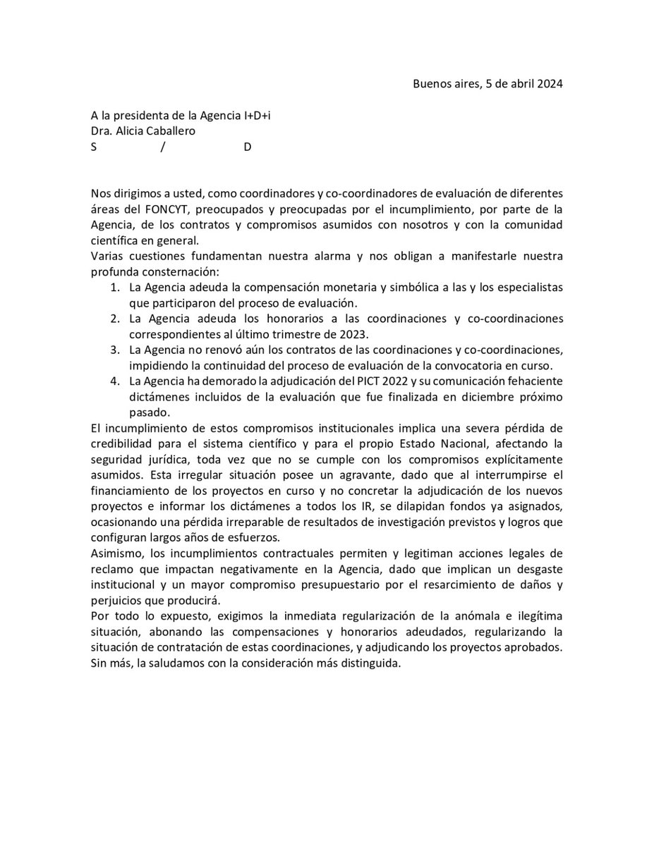 Compartimos la carta dirigida a la Dra. Alicia Caballero, presidenta de la Agencia I+D+i, firmada por 72 coordinadores/as y co-cordinadores/as de evaluación del FONCYT. (+) #FONCYT #CienciaArgentina @agenciaidiar .