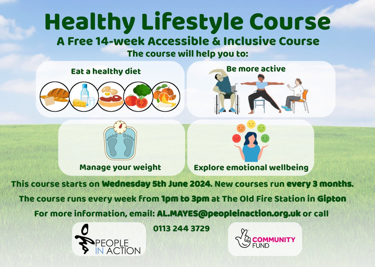 Do you want to join our Healthy Lifestyles Course? It's a free course, which will help you to look after your physical and emotional health. It starts on Wed 5th June. If you'd like to join, please call 0113 2443729 or email al.mayes@peopleinaction.org.uk Thanks to @TNLComFund