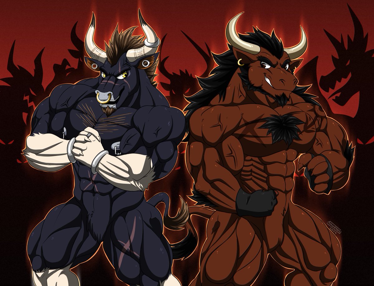 a gift art i made for my dear brother, @WillKalen! our brave viking warrior bulls, his OC Viljorn and my OC Buck who are definitely has zero fear to face anything! >8) im happy how this came out! hope you like it as much as i do bro, happy birthday! :D