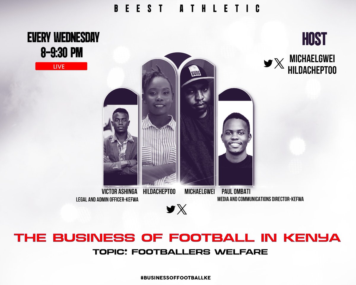 This Wednesday 8pm we tackle matters players welfare. Are our footballers getting enough support off pitch? Join @michaelgwei and yours truly with @Its_Ombati and Victor Ashinga representatives from @kefwaofficial #FootballKE