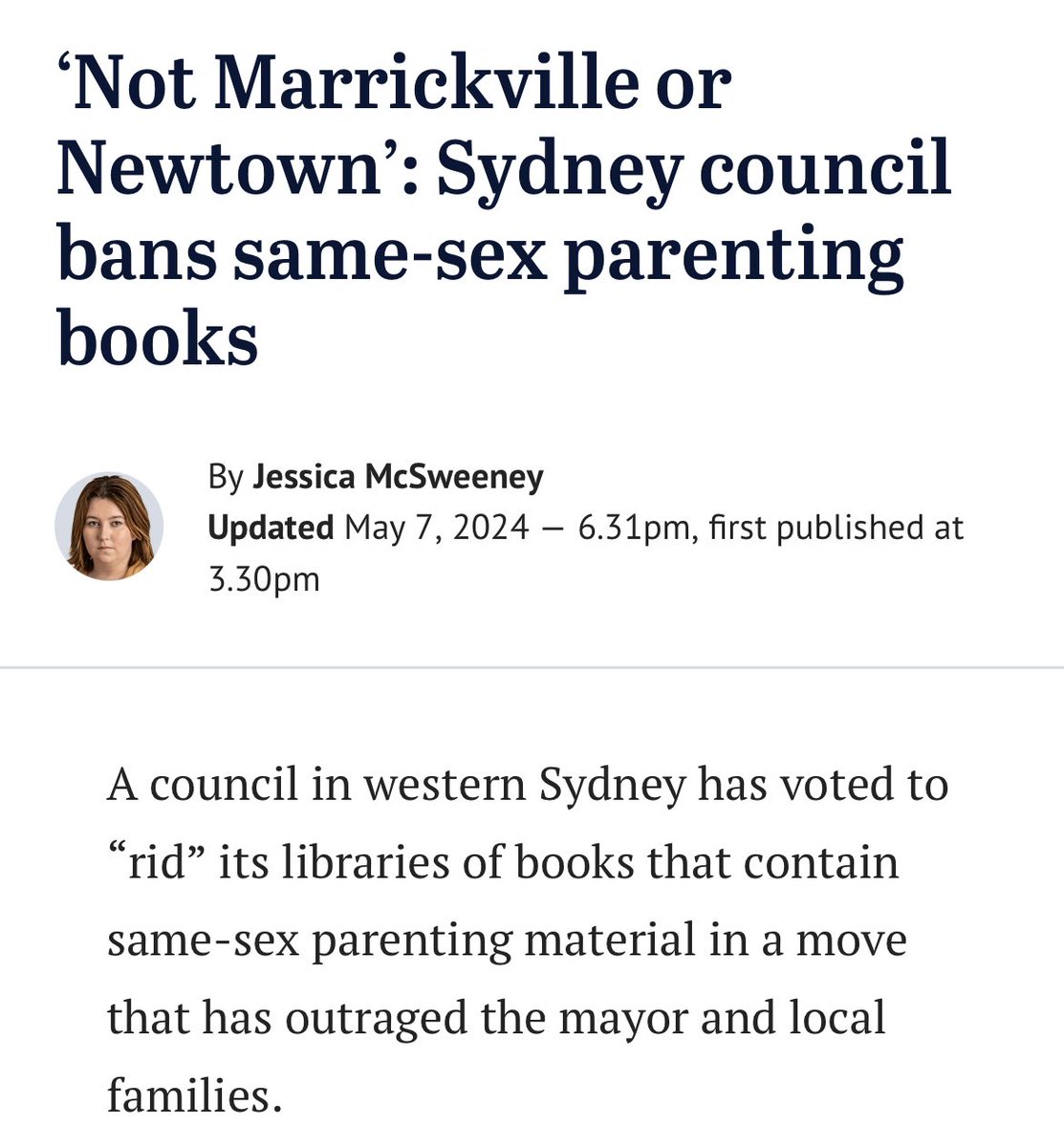 Gay + lesbian families exist everywhere in NSW. 

Book bans should exist nowhere. 

Stop being weirdly obsessed with how other ppl live their private lives and thinking you look tough punching down on minorities. It’s pathetic. 

Don’t like the books? Don’t read them.