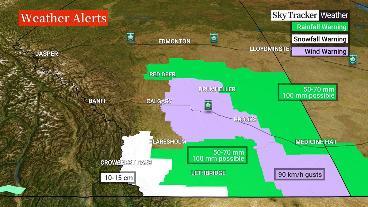 Today will be a wild one in our province! Heavy rain is expected today in eastern #Alberta with embedded tsorms + possible funnel clouds. Strong winds up to 90 km/h are also a concern in that area today. Meanwhile, parts of the Rockies and SW AB areas expect 10-15 cm of snow.