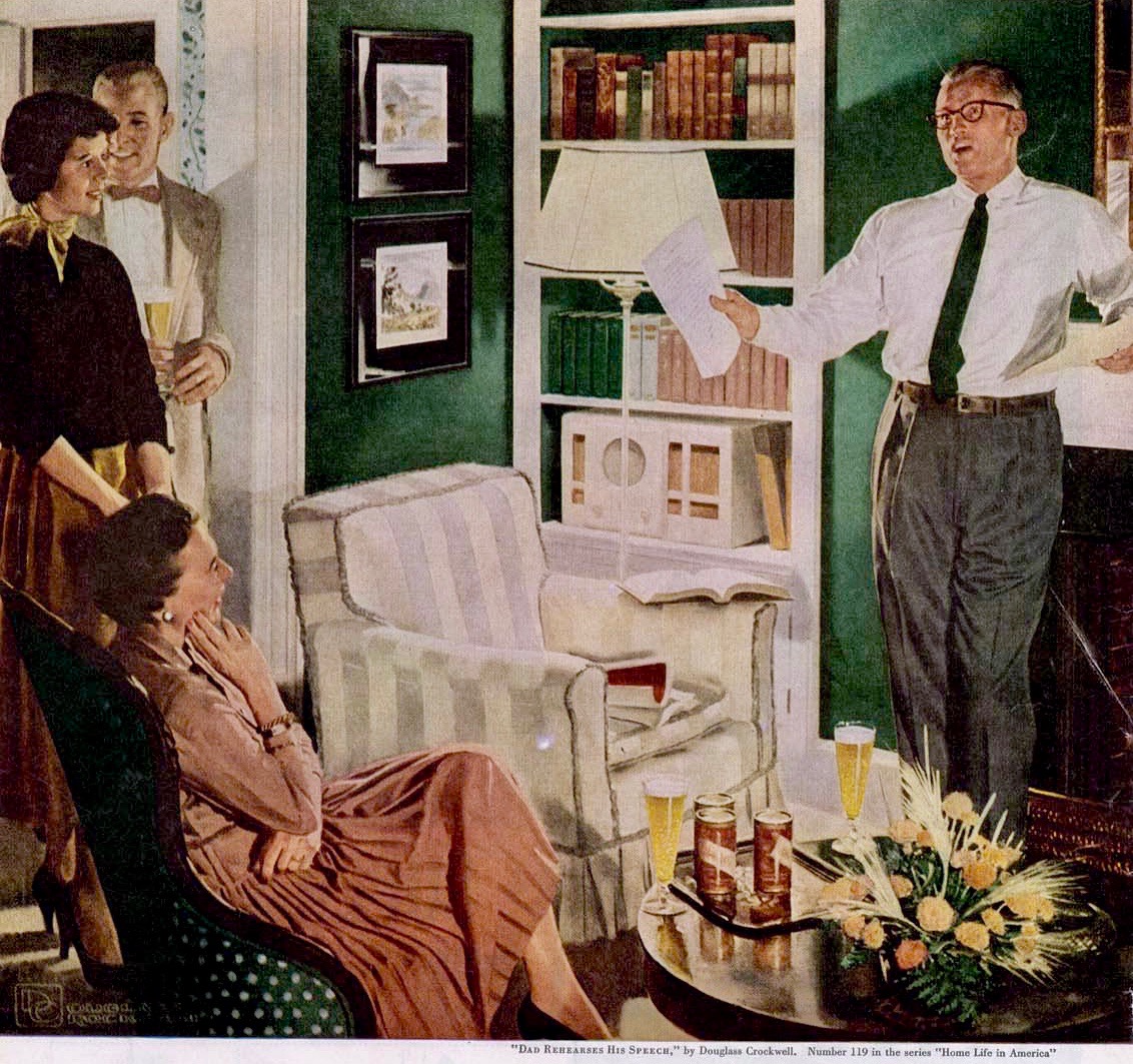 In #May 1956
🧵👇
‘“Dad prepares his Speech,” by #DouglassCrockwell [1904-1968], Number 119 in the series “Home Life in America.”
#illustration #illustrationart #illustrationartists #AmericanArt #1950s #mensfashion #womensfashion #interiordesign #interiordecoration