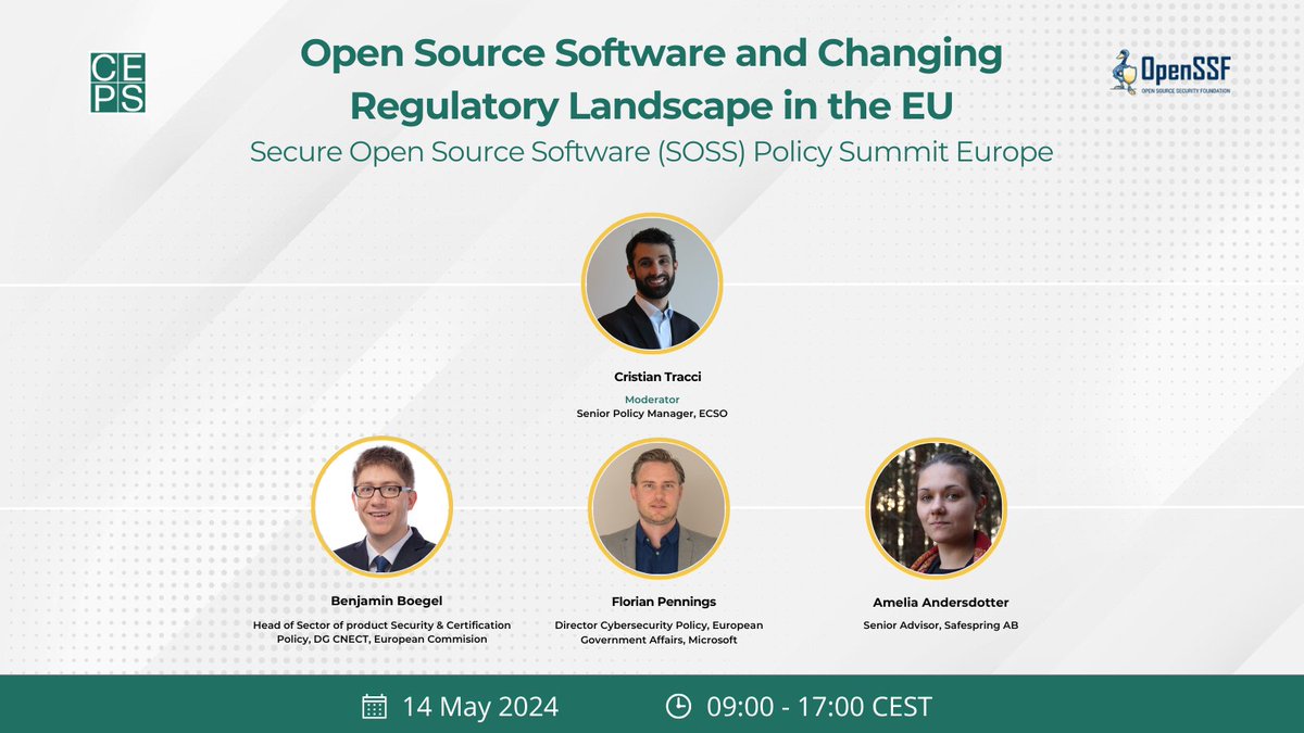 On 14 May, join leading experts at #SOSS2024 for a deep dive into open-source software and the changing regulatory landscape in the EU. We will hear from: 📌 @benjaminboegel, @DigitalEU 📌 @PenningsFlorian, @Microsoft 📌 @teirdes, @safespring Moderated by @CristianTracci,