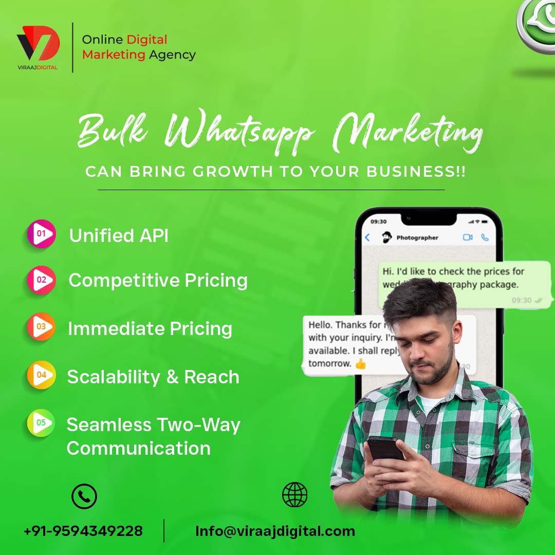 ViraajDigital provides bulk WhatsApp marketing for your business, which helps increase your sales by generating potential leads. 

Visit Here: viraajdigital.com
#ViraajDigital #bulk_WhatsApp_marketing #business #sales #leads #WhatsApp #marketing #businesses #promotional_