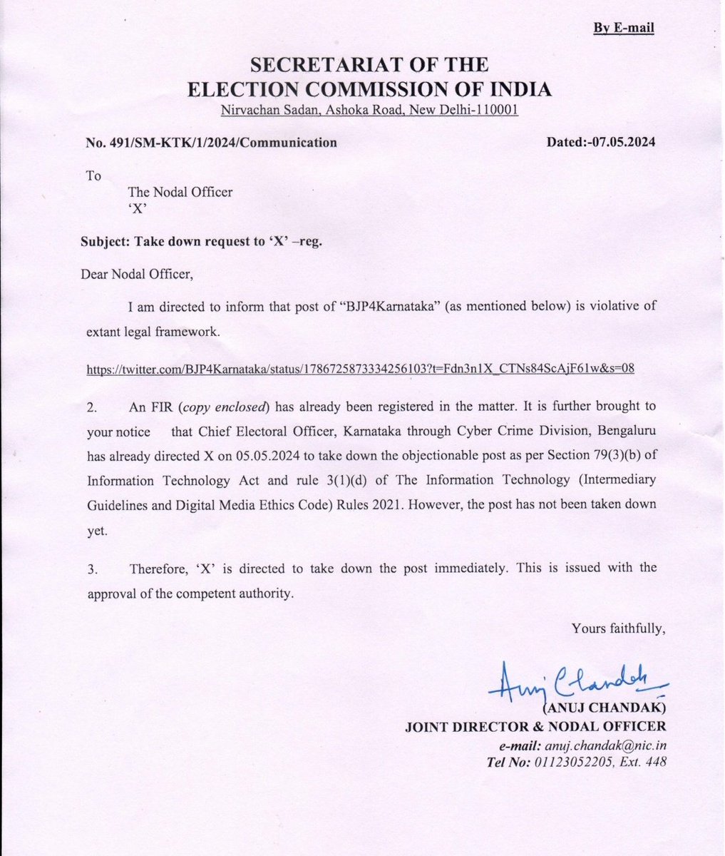 Election Commission of India has asked X to take down post of Karnataka BJP posted on 4th May..Congress had complained about this post on 5th May and FIR was also registered against BJP State President BY Vijayendra and others ..@ECISVEEP @SpokespersonECI @BJP4Karnataka