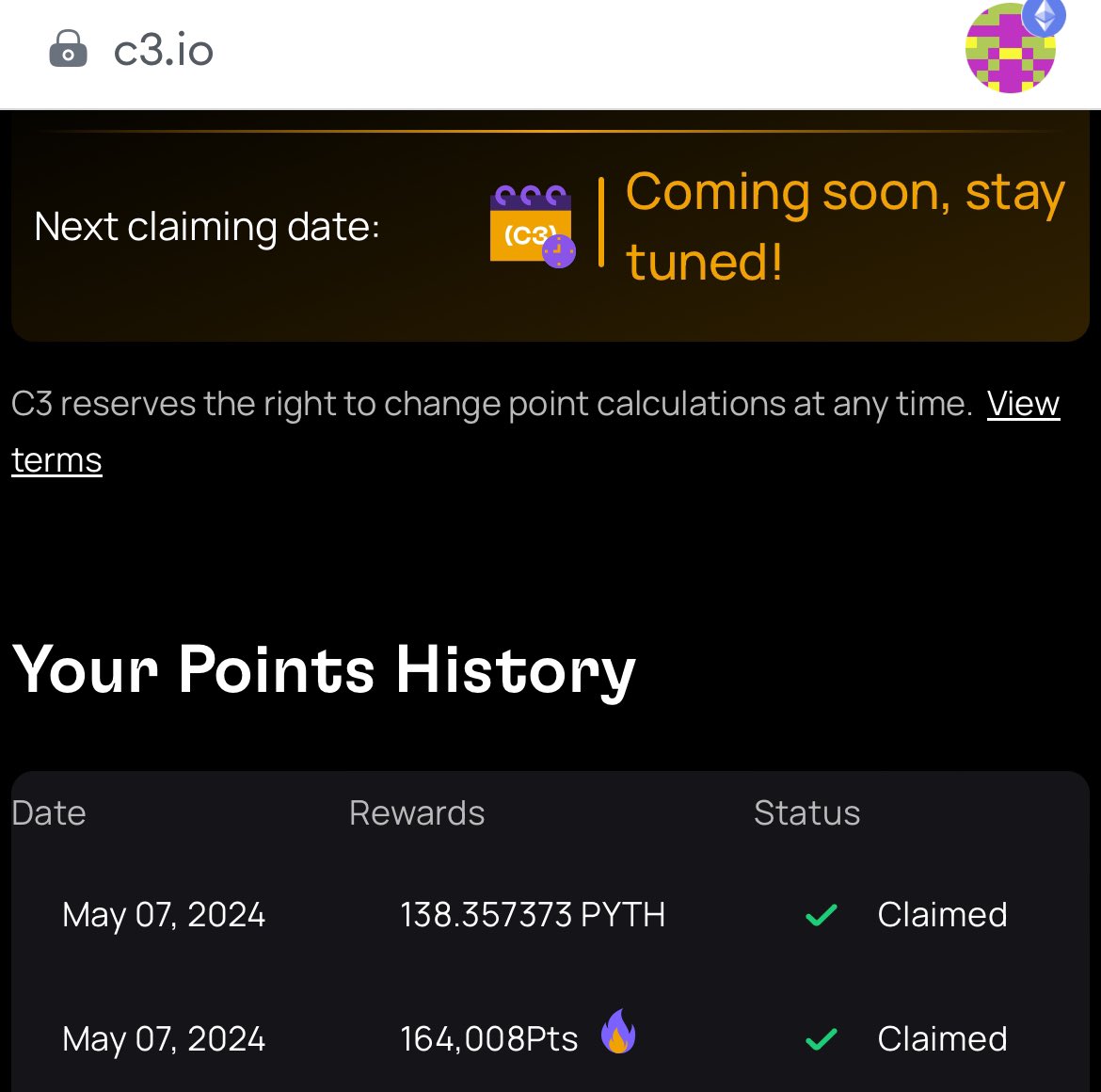 I Just Claimed my @C3protocol points and $PYTH rewards